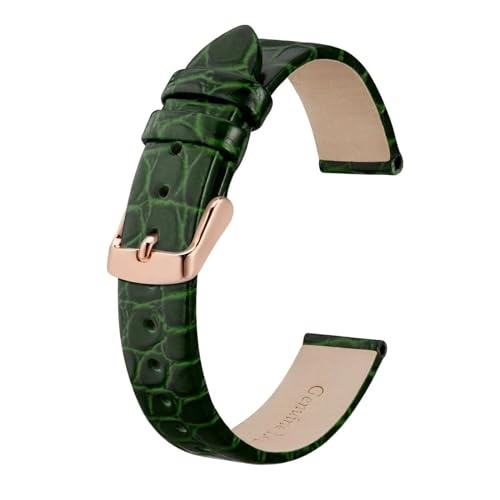 INEOUT Echtes Leder-Uhrenarmband For Damen Und Herren, 8 Mm, 10 Mm, 12 Mm, 14 Mm, 16 Mm, 18 Mm, 19 Mm, 20 Mm, Ersatzarmband, Edelstahl-Schnalle (Color : Green-Rosegold, Size : 12mm) von INEOUT