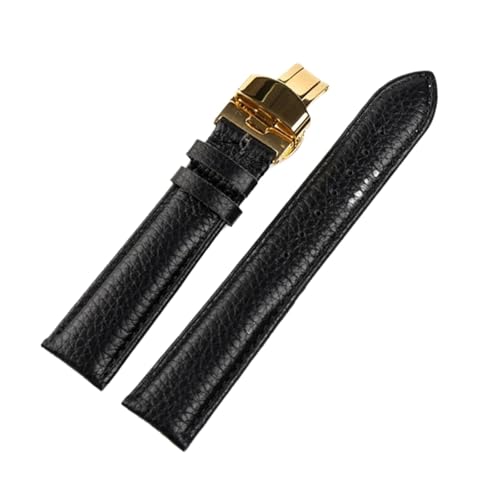 INEOUT Echtes Lederarmband, Weiches Leder, Gekrispeltes Lederarmband For Damen, 14, 16, 18, 20, 22 Mm, Schmetterlingsschnalle, Lederarmband(Black gold buckle,18mm) von INEOUT