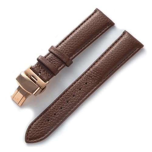 INEOUT Lederarmband Litchi Grain Leder Butterfly-Schnalle 14 16 18 20 22 Mm Armband Schwarz Braun Blau Uhrenzubehör(Dark brown gold,18mm) von INEOUT