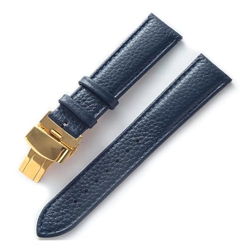 INEOUT Lederarmband Litchi Grain Leder Butterfly-Schnalle 14 16 18 20 22 Mm Armband Schwarz Braun Blau Uhrenzubehör(Royal blue gold,22mm) von INEOUT