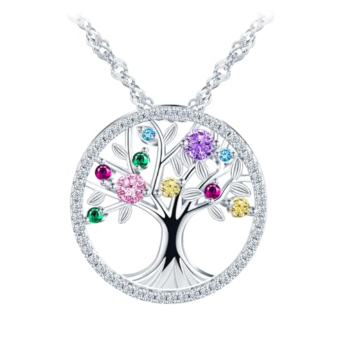 INFINIONLY Baum des Lebens mit Buntes Zirkonia Damen Halskette 925 Silber Kreative Durchbrochener Lebensbaum Ketten Anhänger mit 45cm Kette für Mädchen von INFINIONLY