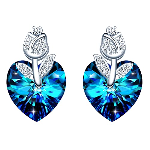 INFINIONLY Blaue Kristall Herz Ohrringe für Damen und Mädchen, 925 Silber Ohrringe, Kristall Herz Ohrringe, Verziert mit eleganten Rosen, Eingelegter Zirkon von INFINIONLY