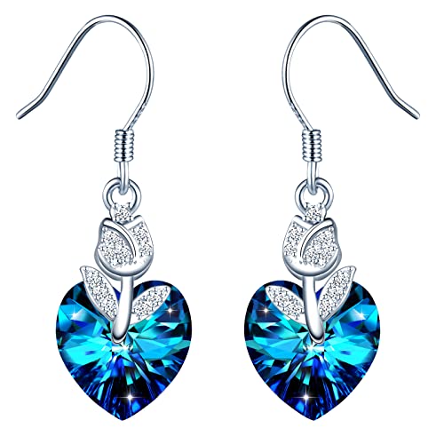 INFINIONLY Blaue Kristall Herz Ohrringe für Damen und Mädchen, 925 Silber Ohrringe, Kristall Herz Ohrringe, Verziert mit eleganten Rosen, Eingelegter Zirkon von INFINIONLY