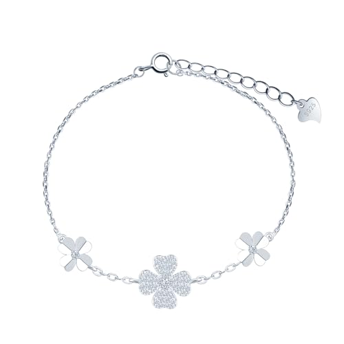 INFINIONLY Damen Silber Armband 925 Silber Vierblättriges Kleeblatt Zirkonia Mädchen Armbänder Elegantes Ankerkette Verstellbares Armband Funkelndes Kleeblatt Diamant Armband von INFINIONLY