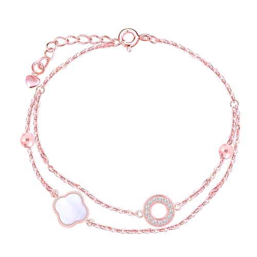 INFINIONLY Mode Damen Silber Armband 925 Silber Weißes Perlmutt - Kreis mit Zirkonia Armbänder Elegante Doppelte Verstellbares Ankerkette Kleeblatt Mädchen Rosegold Armband von INFINIONLY