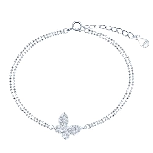 INFINIONLY Mode Damen Silber Armband 925 Silber Schmetterling mit Zirkonia Armbänder Elegante Doppelte Verstellbares Perlen-Kette Mädchen Diamant Armband von INFINIONLY