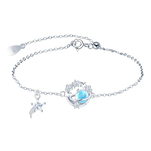 INFINIONLY Damen Silber Armband Kreatives Blauer Mondstein Planet Armbänder Elegante 925 Silber Verstellbares Ankerkette Mädchen Stern Zirkonia Armband von INFINIONLY