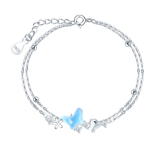 INFINIONLY Damen Silber Armband Kreatives Blauer Mondstein Schmetterlings Armbänder Elegante 925 Silber Doppelte Verstellbares Ankerkette Mädchen Funkelndes Zirkonia Armband von INFINIONLY