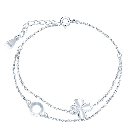 INFINIONLY Damen Silber Armband Kreatives 925 Silber Kleeblatt Zirkonia Armbänder Elegantes Verstellbares Ankerkette Mädchen Armband Mode Armband mit Kreise Gravierte Römische Ziffern von INFINIONLY
