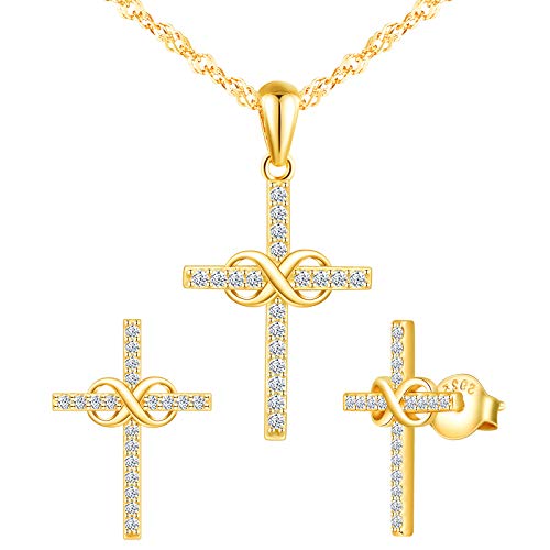 INFINIONLY Damen Anhänger und Damen Ohrring, 925 Sterling silber Schmuck-Sets, Golden, Unendlichkeits symbol und Kreuz element, Intarsien Zirkon, Damen und Mädchen Ohrringe Halskette, Kreuzschmuck von INFINIONLY