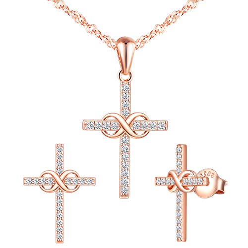 INFINIONLY Damen Ketten Anhänger und Damen Ohrring, 925 Sterling silber Schmuck-Sets, Roségold, Unendlichkeits symbol und Kreuz element, Intarsien Zirkon von INFINIONLY