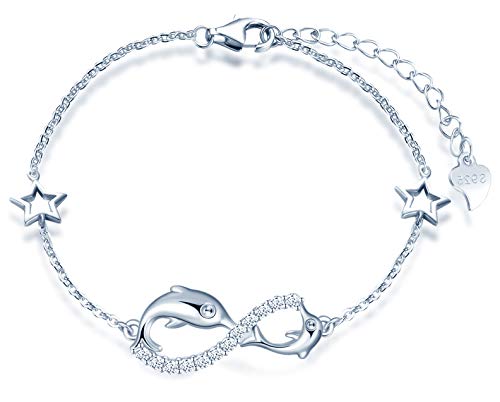 INFINIONLY Damen Armbänder, 925 Sterling silber Armband, Unendlichkeits symbol armbänder mit Delfin, dekoriert mit diamanten, herz oder sternen, Silber, Intarsien Zirkon, Tierelement Armband von INFINIONLY