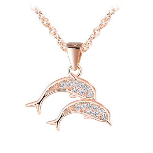 INFINIONLY Damen Doppel Delphin mit Zirkonia Halskette 925 Silber Niedlicher Delphin Ketten Anhänger mit 45cm Kette für Mädchen, Rose gold von INFINIONLY