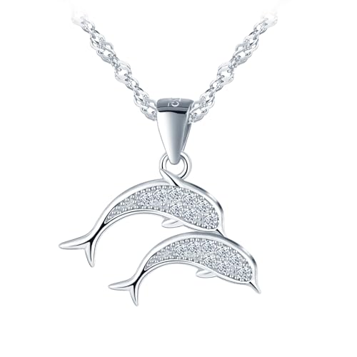 INFINIONLY Damen Doppel Delphin mit Zirkonia Halskette 925 Silber Niedlicher Delphin Ketten Anhänger mit 45cm Kette für Mädchen, Silber von INFINIONLY