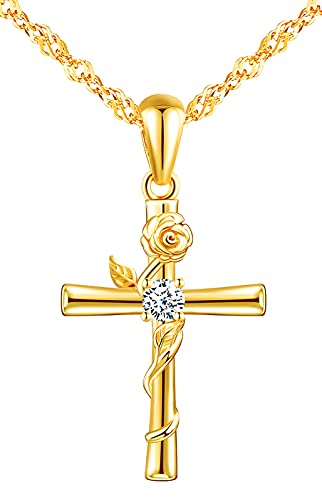 INFINIONLY Kreative Rosen Damen Mädchen Kette Halskette 925 Silber Kreuz-Rose Halskette mit Zirkon Fashion Kreuz Anhänger Elegant Einzigartig Gold von INFINIONLY