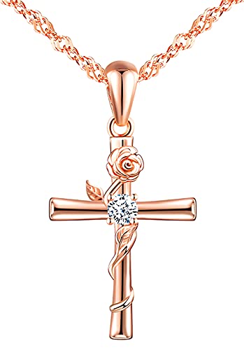 INFINIONLY Damen Halskette Anhänger, 925 silber halskette, klassische kreuzhalskette, rosen-kreuz anhänger, intarsien zirkon, elegant und einzigartig, rose gold von INFINIONLY