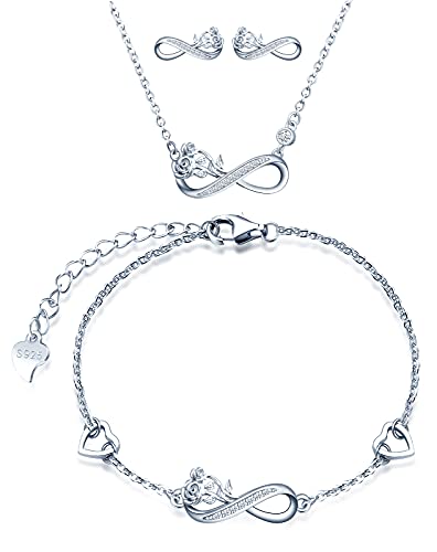 INFINIONLY Damen Halskette Armbänder Ohrringe, 925 silber schmuck-sets, Unendlichkeitssymbol halskette armband ohrringe, anhänger armbänder ohrstecker eingelegter rosenstrauß, intarsien zirkon, silber von INFINIONLY