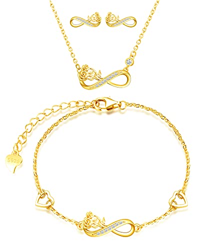 INFINIONLY Damen Halskette Armbänder Ohrringe, 925 silber schmuck-sets, Unendlichkeitssymbol halskette armband ohrringe, anhänger armbänder ohrstecker eingelegter rosenstrauß, intarsien zirkon, golden von INFINIONLY