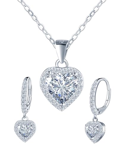 INFINIONLY Damen Herz Diamant Halskette und Creolen Ohrringe 1 Karat Moissanit 925 Silber Schmuck-Sets Herz Ketten Anhänger und French Clasp Ohrhänger D Farbe VVS1 Hochzeitsschmuck von INFINIONLY