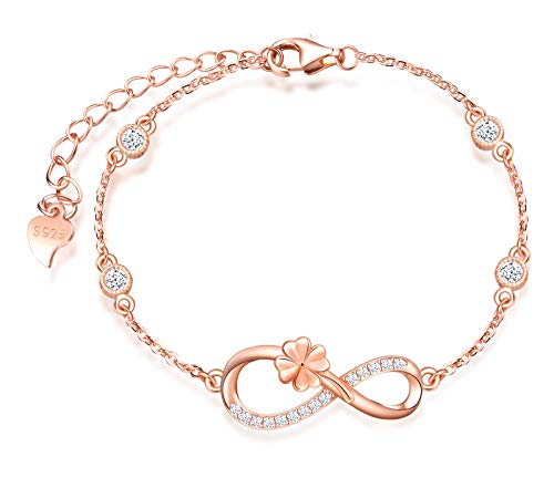 INFINIONLY Damen Mädchen 925 Sterling silber Armbänder, Halskette Ohrringe und Armband Schmuck-Sets, Glücksklee-Unendlichkeitssymbol Armbänder, roségold, Intarsien Zirkon von INFINIONLY