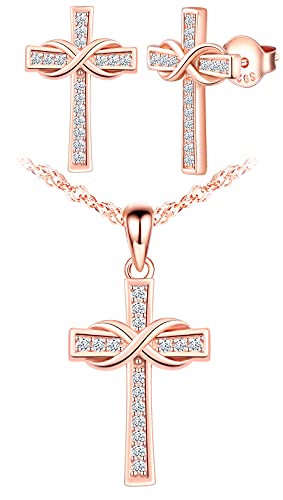 INFINIONLY Damen Mädchen Anhänger Ohrring, 925 silber schmuck-sets, elegante kreuz-infinity symbol anhänger ohrring, kreuz anhänger ohrring, damen schmuck-set, Intarsien Zirkon, rosegold von INFINIONLY