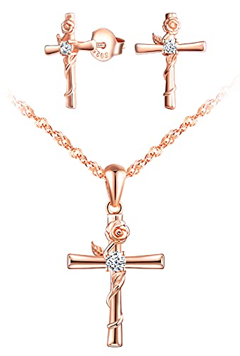 INFINIONLY Damen Mädchen Anhänger und Ohrringe, 925 silber schmuck-sets, klassische kreuz halskette ohrringe, rosen-kreuz anhänger ohrstecker, damen schmuck-set, intarsien zirkon, rose gold von INFINIONLY