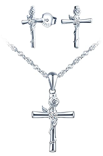 INFINIONLY Damen Mädchen Anhänger und Ohrringe, 925 silber schmuck-sets, klassische kreuz halskette ohrringe, rosen-kreuz anhänger ohrstecker, damen schmuck-set, intarsien zirkon, silber von INFINIONLY