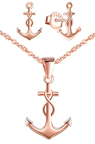 INFINIONLY Damen Mädchen Halskette Anhänger Ohrringe, 925 silber schmuck-sets, Anchor halskette ohrringe, anhänger ohrstecker mit anker und unendlichkeitssymbol, damen schmuck-set, rose gold von INFINIONLY