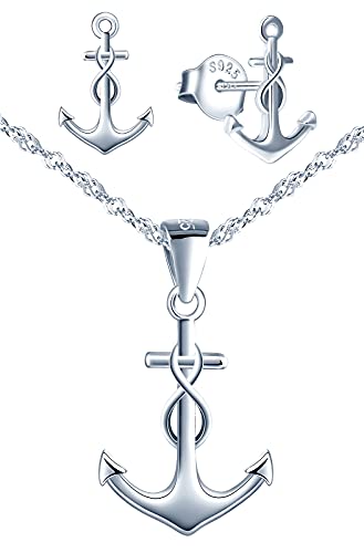 INFINIONLY Damen Mädchen Halskette Anhänger Ohrringe, 925 silber schmuck-sets, Anchor halskette ohrringe, anhänger ohrstecker mit anker und unendlichkeitssymbol, damen schmuck-set, silber von INFINIONLY