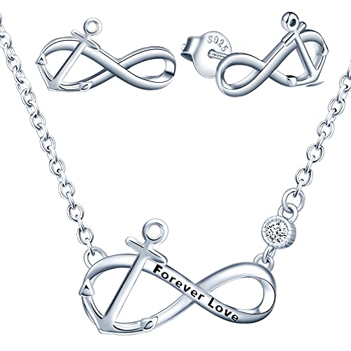 INFINIONLY Damen Mädchen Halskette Anhänger Ohrringe, 925 silber schmuck-sets, Unendlichkeitssymbol halskette ohrringe, anhänger ohrstecker mit anker und "Forever Love", damen schmuck-set, silber von INFINIONLY