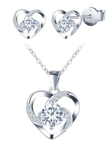 INFINIONLY Damen Mädchen Herz Diamant Halskette und Ohrringe 925 Silber Schmuck-Sets Moissanit Ketten Anhänger Ohrstecker Ohrschmuck D Farbe VVS1 Perfekt Geschliffene Diamant Hochzeitsschmuck von INFINIONLY