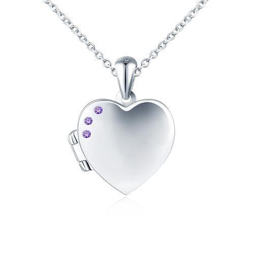 INFINIONLY Damen Mädchen Herz Medaillons Halskette 925 Silber Ketten Anhänger mit Lila Zirkonia Kreative Foto Halsketten zum Öffnen Souvenir Lockets von INFINIONLY