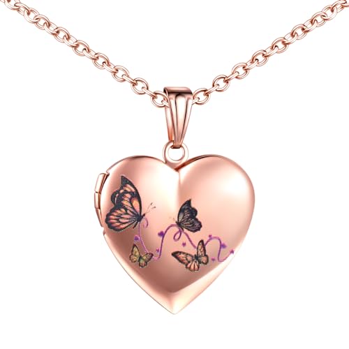 INFINIONLY Damen Mädchen Herz Medaillons Halskette Mode Edelstahl Ketten mit Bunter Schmetterling Anhänger Personalisierte Foto Kette Souvenir Anhänger, Rosegold von INFINIONLY