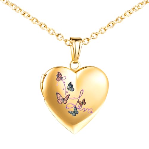 INFINIONLY Damen Mädchen Herz Medaillons Halskette Mode Edelstahl Ketten mit Bunter Schmetterling Souvenir Anhänger Personalisierte Foto Kette, Gold von INFINIONLY