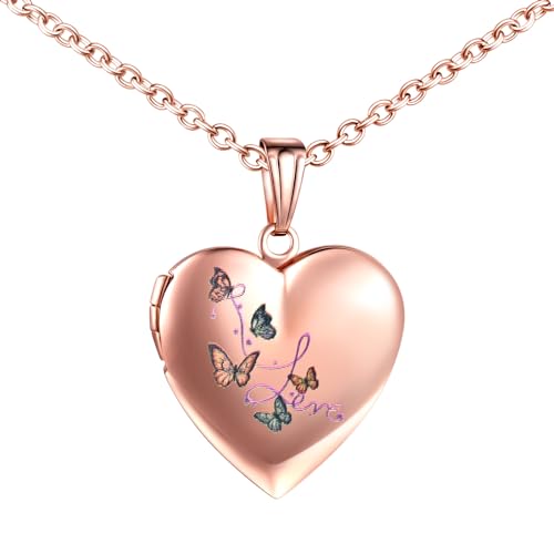 INFINIONLY Damen Mädchen Herz Medaillons Halskette Mode Edelstahl Ketten mit Bunter Schmetterling Souvenir Anhänger Personalisierte Foto Kette, Rosegold von INFINIONLY