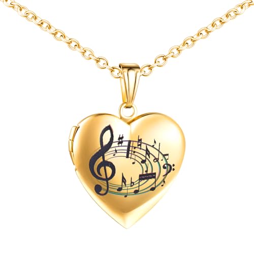 INFINIONLY Damen Mädchen Herz Medaillons Halskette Mode Edelstahl Ketten mit Buntes Musiknoten-Muster Souvenir Anhänger Gold Personalisierte Foto Kette von INFINIONLY