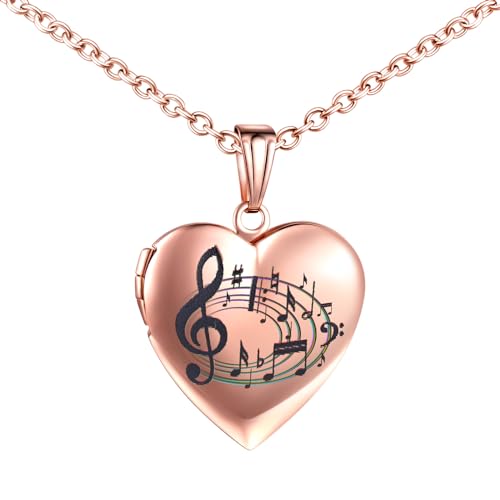 INFINIONLY Damen Mädchen Herz Medaillons Halskette Mode Edelstahl Ketten mit Buntes Musiknoten-Muster Souvenir Anhänger Rosegold Personalisierte Foto Kette von INFINIONLY