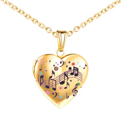 INFINIONLY Damen Mädchen Herz Medaillons Halskette Mode Edelstahl Ketten mit Buntes Musiknotenmuster Anhänger Personalisierte Foto Kette Souvenir Anhänger, Gold von INFINIONLY