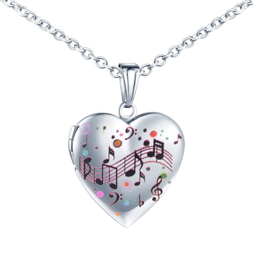 INFINIONLY Damen Mädchen Herz Medaillons Halskette Mode Edelstahl Ketten mit Buntes Musiknotenmuster Anhänger Personalisierte Foto Kette Souvenir Anhänger, Silber von INFINIONLY