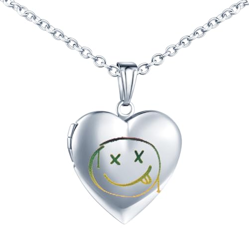 INFINIONLY Damen Mädchen Herz Medaillons Halskette Mode Edelstahl Ketten mit Kreatives Smiley Gesicht Anhänger Personalisierte Foto Kette Souvenir Anhänger, Silber von INFINIONLY