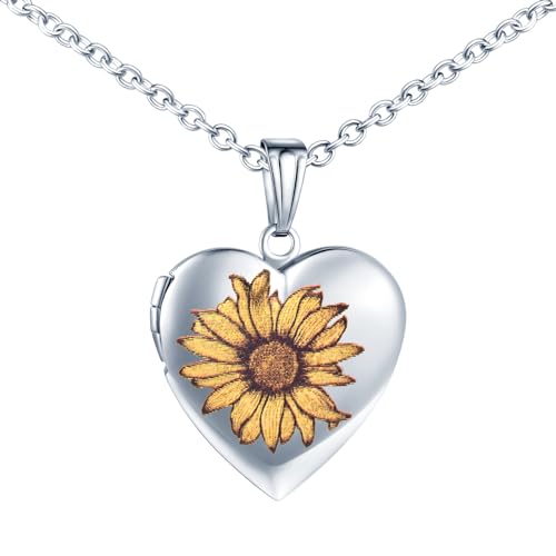 INFINIONLY Damen Mädchen Herz Medaillons Halskette Mode Edelstahl Ketten mit Sonnenblumen Muster Anhänger Personalisierte Foto Kette Souvenir Anhänger, Silber von INFINIONLY