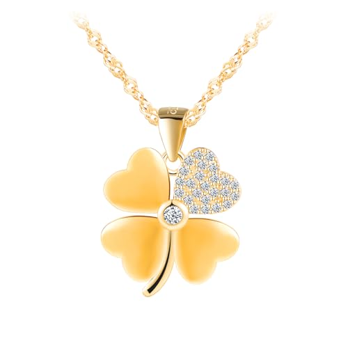 INFINIONLY Damen Vierblättriges Kleeblatt mit Zirkonia Halskette 925 Silber Kreative Kleeblatt Ketten Anhänger mit 45cm Kette für Mädchen, Gold von INFINIONLY