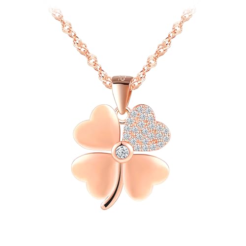 INFINIONLY Damen Vierblättriges Kleeblatt mit Zirkonia Halskette 925 Silber Kreative Kleeblatt Ketten Anhänger mit 45cm Kette für Mädchen, Rose gold von INFINIONLY