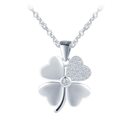 INFINIONLY Damen Vierblättriges Kleeblatt mit Zirkonia Halskette 925 Silber Kreative Kleeblatt Ketten Anhänger mit 45cm Kette für Mädchen, Silber von INFINIONLY