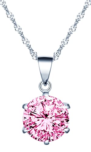 INFINIONLY Damen und Mädchen Halskette Anhänger, 925 Sterling silber halskette, 6-Steg-Krappenfassung Einzelne Diamant Anhänger, Einfache bunte zirkon halskette, Perfekter Schneidprozess, rosa von INFINIONLY