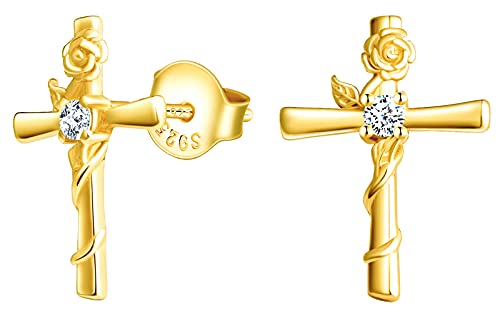 INFINIONLY Damen und Mädchen Ohrringe, 925 silber ohrring, klassische kreuz-ohrringe, rosen-kreuz ohrstecker, intarsien zirkon, elegant und einzigartig, golden von INFINIONLY