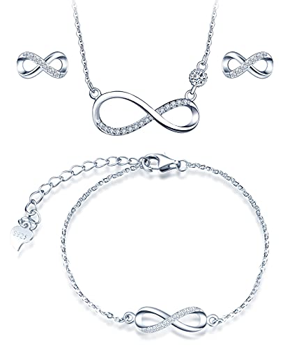 INFINIONLY Diamant Schmuck-Sets, Damen Mädchen Halskette Anhänger Armband Ohrring, 925 silber Halskette Armband Ohrring, Stilvolles Unendlichkeits symbol Schmuck-Sets, eingelegter zirkon, silber von INFINIONLY