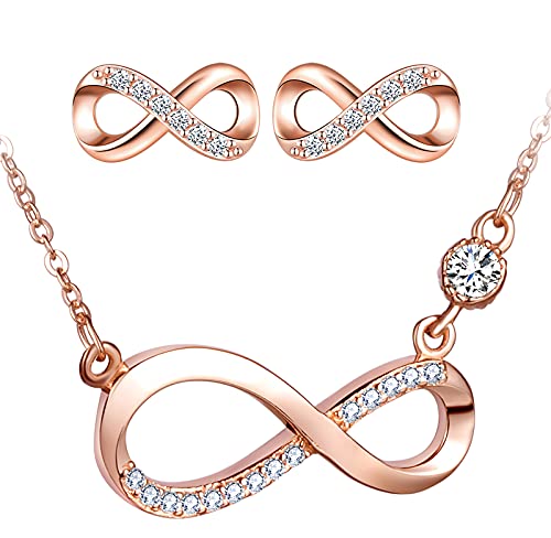 INFINIONLY Diamant Schmuck-Sets, Damen Mädchen Halskette Anhänger Ohrring, 925 silber Halskette Ohrring, Stilvolles Unendlichkeits symbol Schmuck-Sets, eingelegter Zirkon, roségold von INFINIONLY