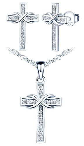 INFINIONLY Fashion Damen Mädchen Kreuz Ketten Ohrring Kreative Collier mit Kette 925 Silber Schmuck-Sets Kreuz-Unendlichkeits Symbol Halskette mit Anhänger und Ohrstecker mit Zirkon, Silber von INFINIONLY