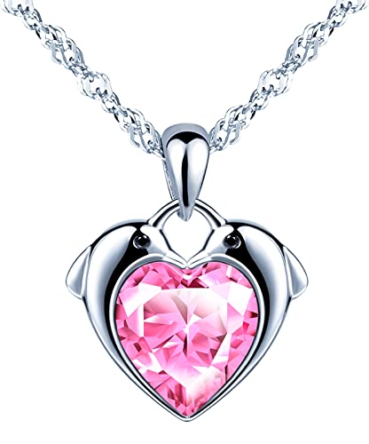 INFINIONLY Halskette Ketten für Damen und Mädchen, 925 silber Halskette, Delphin-Herz Halskette Anhänger mit glänzender stein, 45cm Kette, eingelegter glänzender rosa zirkon von INFINIONLY